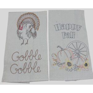Thanksgiving Fall Embroidered Kitchen Towels Turkey Pumpkin Bon Ton Cotton